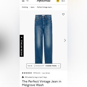 Madewell The Perfect Vintage jean in Melgrove wash, size 23, brand new with tags